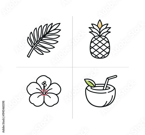 Tropical nature and warm climate lifestyle representing relaxation, travel inspiration, and vibrant natural environments found in coastal regions, four tiles showing a large palm leaf with