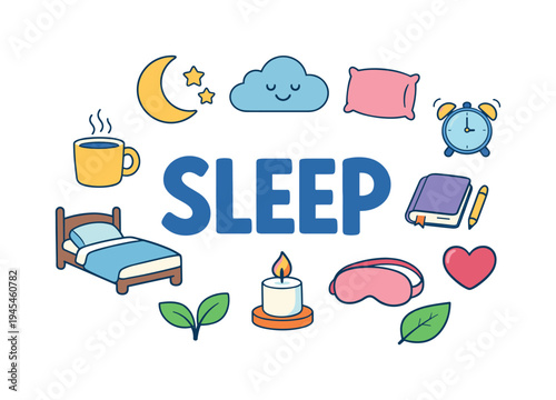 Nighttime wellness routine concept highlighting calming evening habits that help people relax and prepare for deep, restorative sleep after a busy day. SLEEP central title with flat doodle