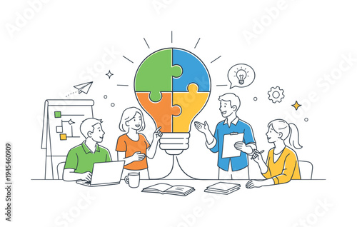 Young professionals collaborating during a focused brainstorming session to generate creative ideas and innovative solutions for a shared project, visual metaphor of a large light bulb