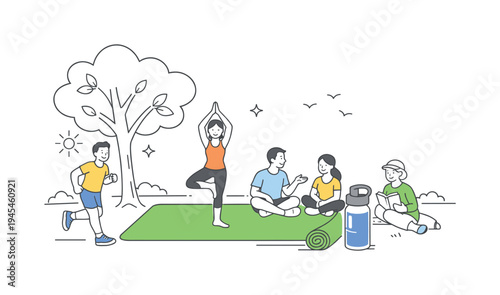 People adopting healthy daily habits by combining light exercise and outdoor relaxation in a neighborhood park environment, visual metaphor of a large yoga mat placed beside a simple leafy