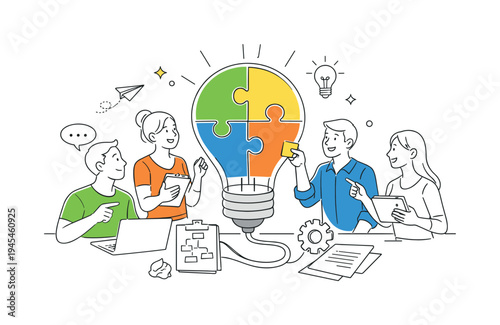 Young professionals collaborating during a creative brainstorming session while developing innovative ideas for a new project together, visual metaphor of a large light bulb connected with