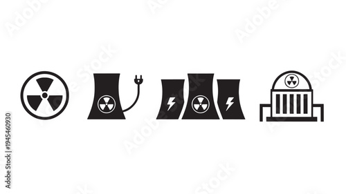 Nuclear power plant icons with radiation symbol, cooling towers, electric plug, and building facility