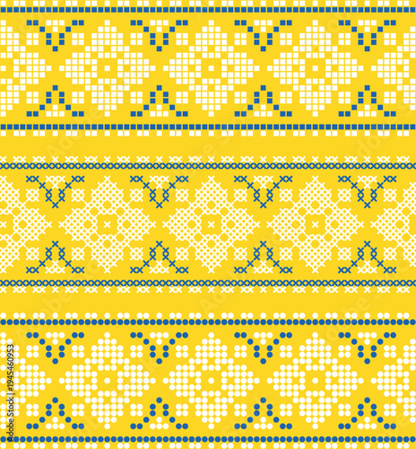 Traditional Ukrainian embroidery seamless pattern with yellow and blue cross stitch ornament on white background. Folk ethnic geometric textile design inspiyellow by Ukrainian vyshyvanka embroidery