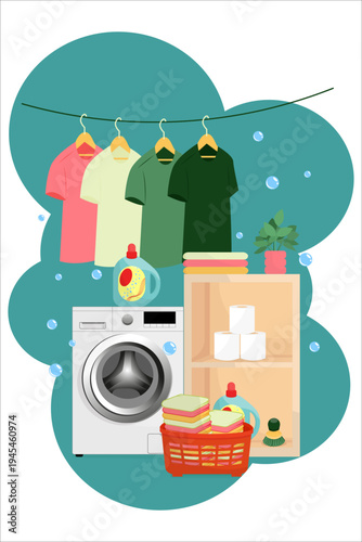 Laundry day illustration with washing machine, clothesline with hanging clothes, detergent boxes and basket. Flat design cleaning scene on teal background.