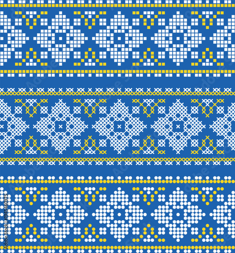 Traditional Ukrainian embroidery seamless pattern with yellow and blue cross stitch ornament on white background. Folk ethnic geometric textile design inspiyellow by Ukrainian vyshyvanka embroidery