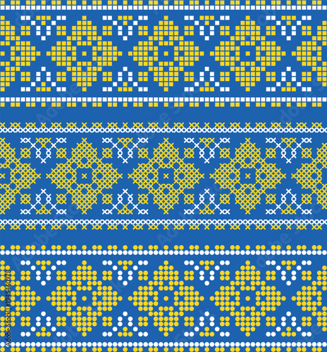 Traditional Ukrainian embroidery seamless pattern with yellow and blue cross stitch ornament on white background. Folk ethnic geometric textile design inspiyellow by Ukrainian vyshyvanka embroidery
