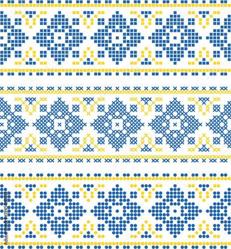 Traditional Ukrainian embroidery seamless pattern with yellow and blue cross stitch ornament on white background. Folk ethnic geometric textile design inspiyellow by Ukrainian vyshyvanka embroidery