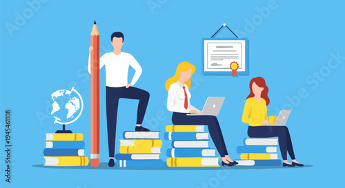 Online Education and E-Learning Vector Illustration with Students Studying on Laptops, Books, and a Giant Pencil on a Blue Background