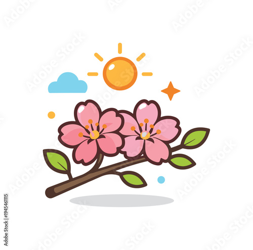 Cherry blossom bloom celebrating springtime and the return of warmth after winter, a small branch with two open cherry flowers and a gentle sun above symbolizing seasonal renewal, optimism
