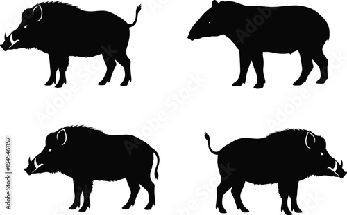 Black animal silhouette illustration set, wild boar vector artwork, tapir design sketch, stylized mammal drawing, wildlife pattern motif, zoological animal figure, decorative nature icon