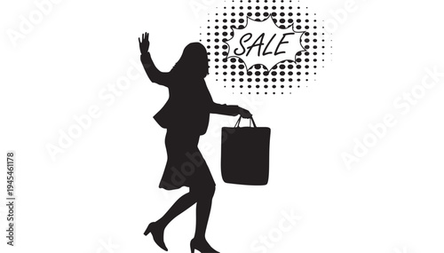 Woman silhouette with shopping bag and "SALE" speech bubble, celebrating a successful shopping spree