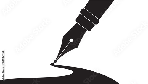 Pen nib creating a curved line of black ink on white paper, symbolizing writing and creativity featuring artistry, calligraphy, drawing with