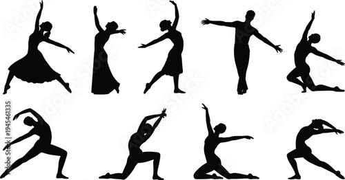 Elegant collection of dancing human silhouettes showing expressive contemporary and ballet poses isolated on white background, ideal for choreography, performance, fitness.