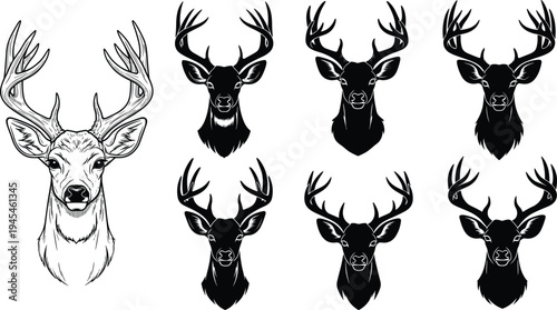 Black deer head silhouette illustration set, antler vector artwork, stylized wildlife design sketch, stag motif drawing, decorative animal icon, nature pattern