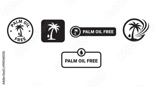 Palm oil free icons with palm trees and droplets, suitable for product labeling and certification purposes.