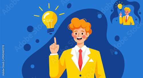 Creative businessman character with a bright idea lightbulb above his head, symbolizing innovation, solution, and inspiration for business concepts vector illustration