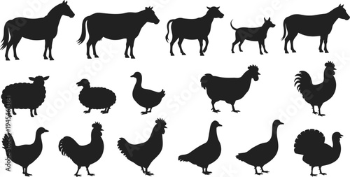 Farm animals silhouettes collection livestock and poultry set horse cow sheep dog duck chicken rooster turkey rural agriculture farming icons isolated on white background
