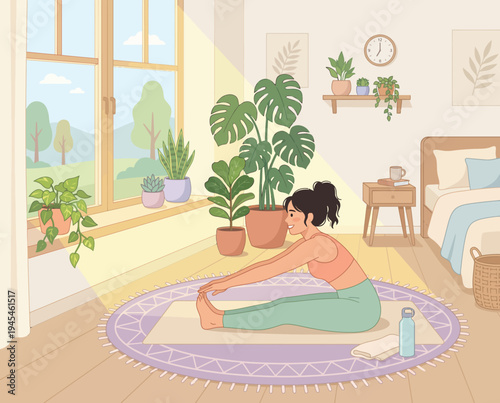 Woman practicing yoga at home indoors.