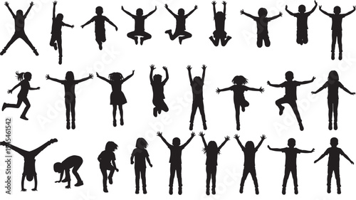 Children silhouettes in various playful poses, including jumping and handstands, presented in a diverse collection against a white background.