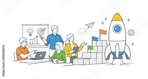 Entrepreneurs planning a structured startup strategy and preparing the launch of a new business idea during a collaborative session, visual metaphor of a large rocket positioned beside