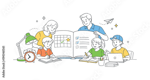 Parents helping children build productive homework habits and organize their learning schedule in a calm home environment, visual metaphor of a large open notebook beside a desk lamp and