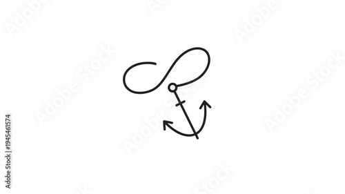 Anchor symbol with infinity loop in simple black outline, representing connection and eternity featuring marine, nautical, travel with adventure and