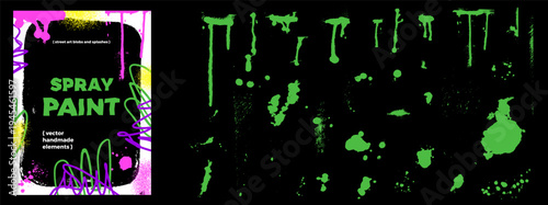 Green spray drip and graffiti splash set on dark background for urban print. Neon ink spray drips with liquid splotch and runny blob texture. Isolated vector collection for street art stationery.