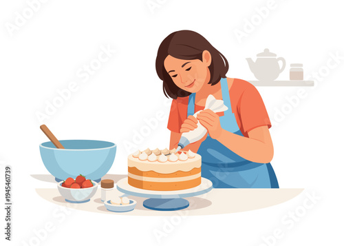 A hobby baker decorating a homemade cake in a cozy kitchen as part of a relaxing creative pastime, representing home cooking, creativity, and simple domestic enjoyment, visual metaphor of a