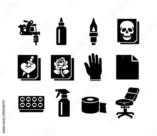 Tattoo studio equipment: tattoo machine gun, ink bottle, needle cartridge, skull design sheet, heart flash design, rose design sheet, latex glove hand, stencil paper, ink cap tray, spray