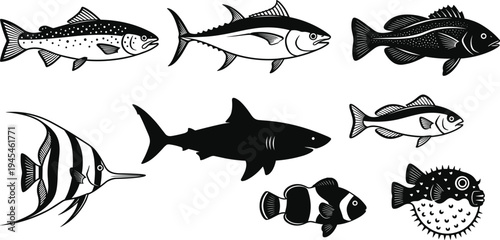 Black fish silhouette illustration set, marine species vector artwork, stylized aquatic animal design sketch, ocean wildlife motif, decorative sea life drawing pattern