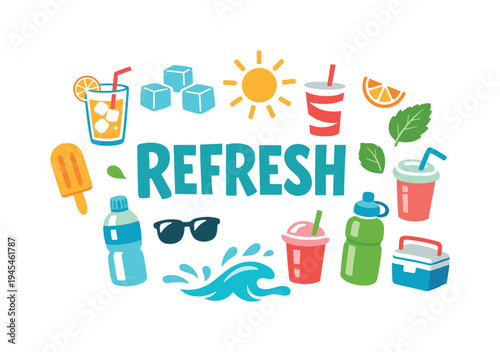 Summer refreshment lifestyle concept highlighting cold drinks and simple cooling treats people enjoy during hot sunny days to stay energized and comfortable. REFRESH title surrounded by flat