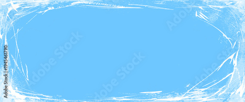 Icy grunge texture overlay with snow effect and scratch worn frame. Blue distressed background. Rough border and paper backdrop through winter dust ice skate surface. Vector gritty texture.