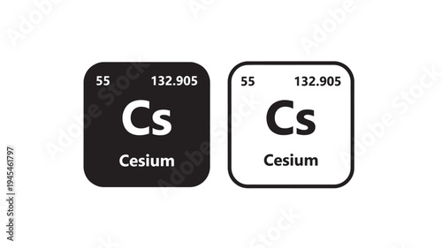 Cesium element symbols with atomic number 55 and atomic mass 132.905 presented in black and white square icons on a white background.