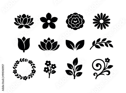 Floral pattern elements: blooming flower, five petal flower, layered rosette flower, daisy flower, tulip blossom, lotus flower, leaf pair, curved leaf branch, floral wreath circle, small