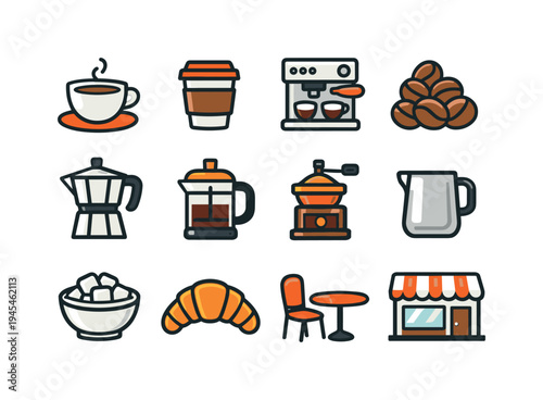 Coffee shop culture: coffee cup, takeaway coffee cup, espresso machine, coffee beans pile, moka pot coffee maker, french press coffee maker, coffee grinder, milk pitcher, sugar cube bowl