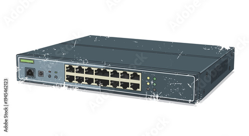 Network Switch with Ethernet Ports and LED Lights on White Background