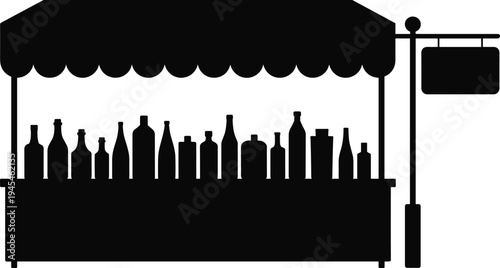 Street market stall silhouette with assorted bottles on display under canopy with hanging signboard isolated on white background for retail vendor concept.
