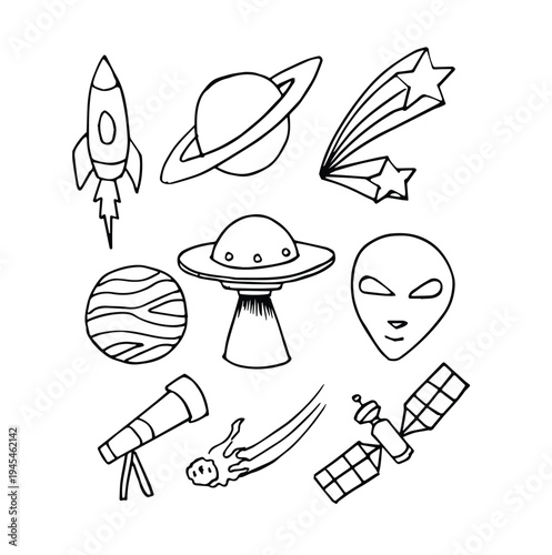 outer space sketch doodle set vector illustration