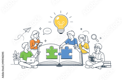 Students collaborating on a creative learning activity while sharing ideas and solving challenges in a modern educational environment, visual metaphor of a large open book connected with