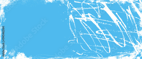 Ice scratch border frame with sharp diagonal lines on blue snow background. Blank ice template with worn grunge overlay and scratch effect for winter. Rough frost vector backdrop on cold surface.