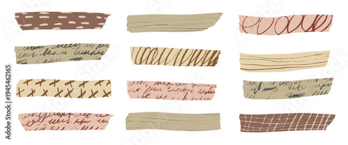 Vintage colors washi tape collection with decorative paper strips, sticky masking elements, and vintage scrapbook stickers for creative craft projects and journal decoration. Vector set.