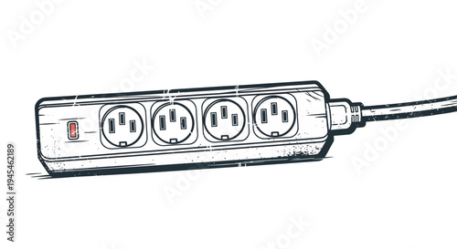 Power strip with four outlets and a red switch, isolated on white background