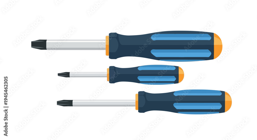 Fototapeta premium Three screwdrivers with blue handles arranged vertically on white background