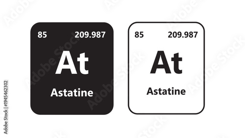 Astatine element icons with atomic number and mass, presented in black and white for educational or scientific representation.