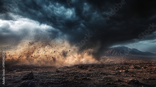 Dramatic tornado forming over a desolate landscape under stormy dark skies
