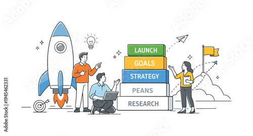 Entrepreneurs preparing a structured business strategy to launch a new project and evaluate future opportunities, visual metaphor of a large rocket positioned beside stacked planning blocks