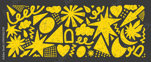 Crayon geometric doodle shapes. Playful stars, flower, grid abstract elements. Funky retro sticker figures, yellow pencil strokes, and childish doodle graphic for creative vector design projects no bg