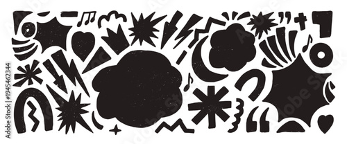 Abstract geometric music note hand drawn background. Geometry freeform charcoal figures scribbles set. Bang clouds, lightning, arrows, heart stickers. Vector illustration isolated no background.