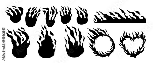 Fireball, burned heart frames silhouette. Doodle flame icons black paper cutout set. Bonfire stickers for collage projects. Simple spicy symbol shapes. Vector naive punk rock element no background.