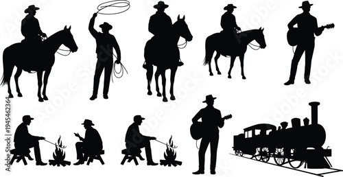 Wild west cowboy silhouettes collection with horse riders, lasso, campfire, guitar player and vintage steam train isolated on white background for western theme design.